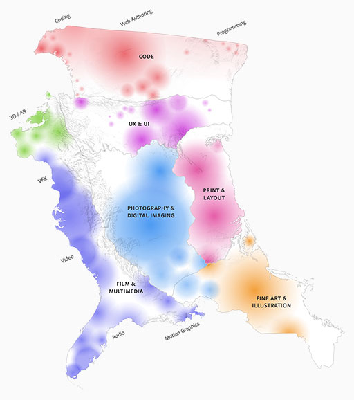 Figure 1. Illustrative map of the present-day creative landscape. Different regions of the map are labeled as different creative domains.