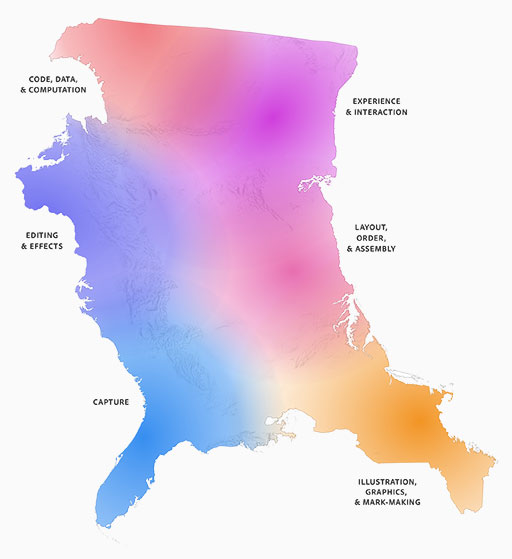 Figure 3. Illustrative map of the future creative landscape. The future this map imagines has no borders between regions, and the color heat-maps shown in Figure 1 are now shown to be bleeding seemlessly into each other.