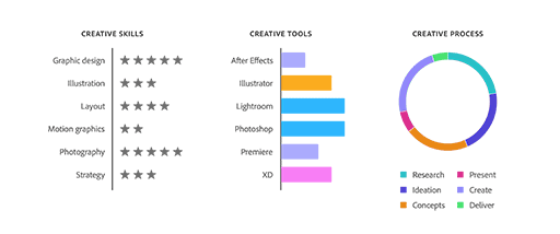 Three infographic-style examples of a creative visualizing their skills graphically for use on a resume or portfolio website.