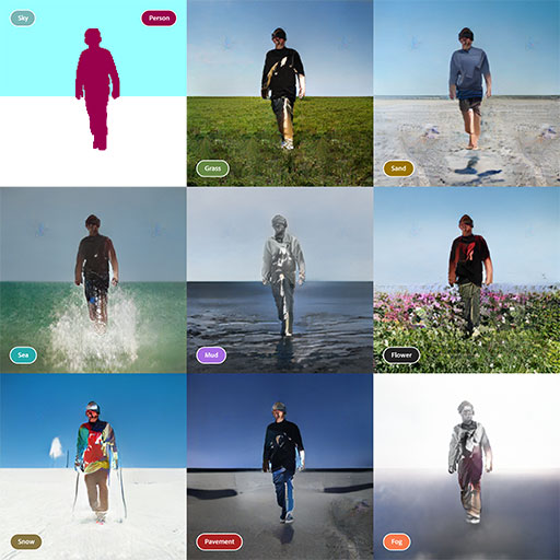 A gallery of nine square images. The first image is an annotation map showing the silhouette of a person standing against a clear background, and empty ground surface. The rest of the images are eight different renderings of this annotation map, where different materials are used for the ground surface, including grass, flowers, and sea.