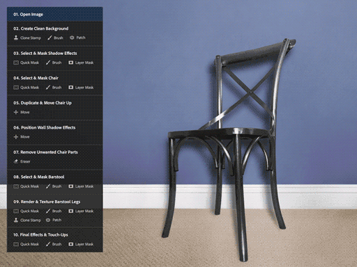Creative workflow visualization of a chair being transformed into a barstool, depicting the multi-step process many experience with today's digital creative tools.